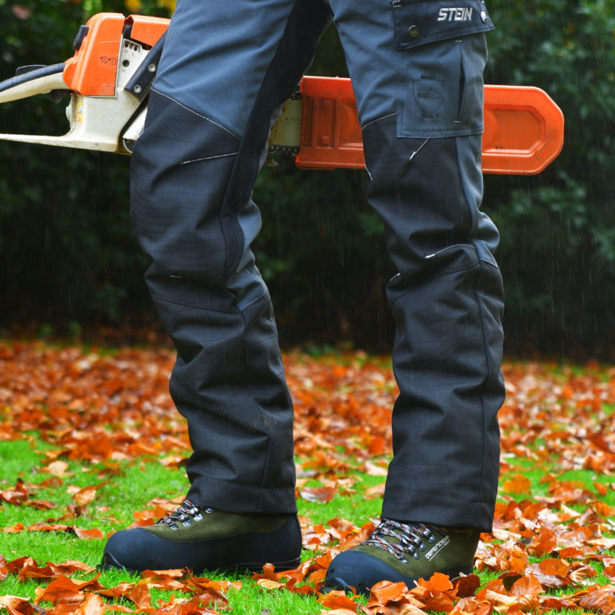 Stein Defender MAX V2 Chainsaw Boots Class 2 Olive UK Size 7-12 Action 1