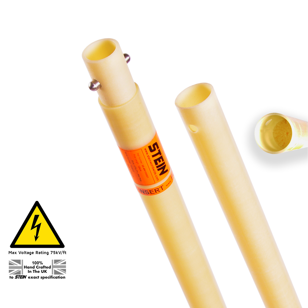 STEIN UTILITY Poles are individually hand crafted in the UK to STEIN exact specification. Foam Pole - This pole is the same as the Mid-Pole but Foam Filled Foam Filled Poles are generally used as the top pole. The foam stops debris or water running down the inside of the pole helping to maintain the electrical properties of the system. Manufactured using a high-quality bias woven glass fibre fabric impregnated with proprietary epoxy resin produces a tube with high axial/hoop stiffness and strength. This combination gives excellent electrical insulation and dielectric properties with high mechanical and corrosion resistance. A number of poles can be attached to make up a longer length pole. Each pole is precision machined for rigidity and joint accuracy minimising flexure of the pole assembly (no metal joint fittings). Each section is fitted with a specially manufactured UK designed Stainless Steel one-piece spring button clip. For simplicity of use all the poles are designed to be used for either extending or as the top pole - no special poles are required. The specially designed VIELE Tool Adaptor accommodates all the tool attachments. Specification: Working Length: 1220mm Overhall Length: 1270mm Diameter: 40mm Wall Thickness: 2.4mm Weight: 835g Tube Internal: Foam Filled Attachment: Stainless Steel one-piece spring button clip Rating: Max Voltage Rating 75kV/ft- Batch tested for electrical insulation* Identification: Individually Serial Numbered Warning* Danger of Electrocution - Max Voltage Rating 75kV/ft Only to be use by Trained Professionals Direct contact with live power lines may result in severe injury or death. DO NOT use as a Hot Stick. DO NOT use in weather conditions where there is a high risk of lightning strikes. Always use the correct personal protection when using this device. A strict regime of cleaning and polishing will help maintain the electrical insulating properties of this product This product requires a full inspection on a regular basis. Only ever attach STEIN approved equipment to this pole. Stein Utility EPR Replacement Pole 120cm – Foam Filled